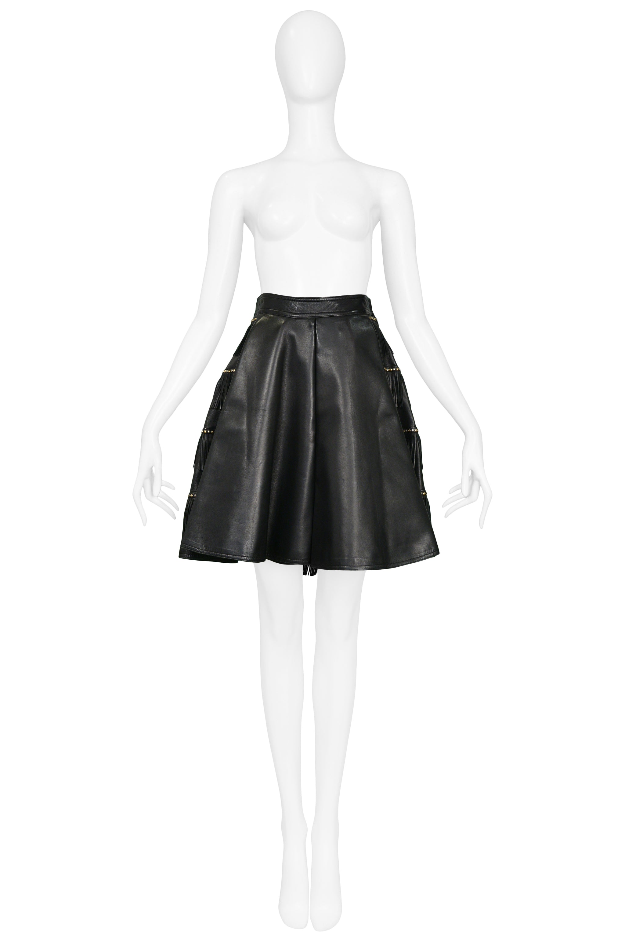 VERSACE BLACK LEATHER FRINGE AND GOLD STUD SKIRT 1992