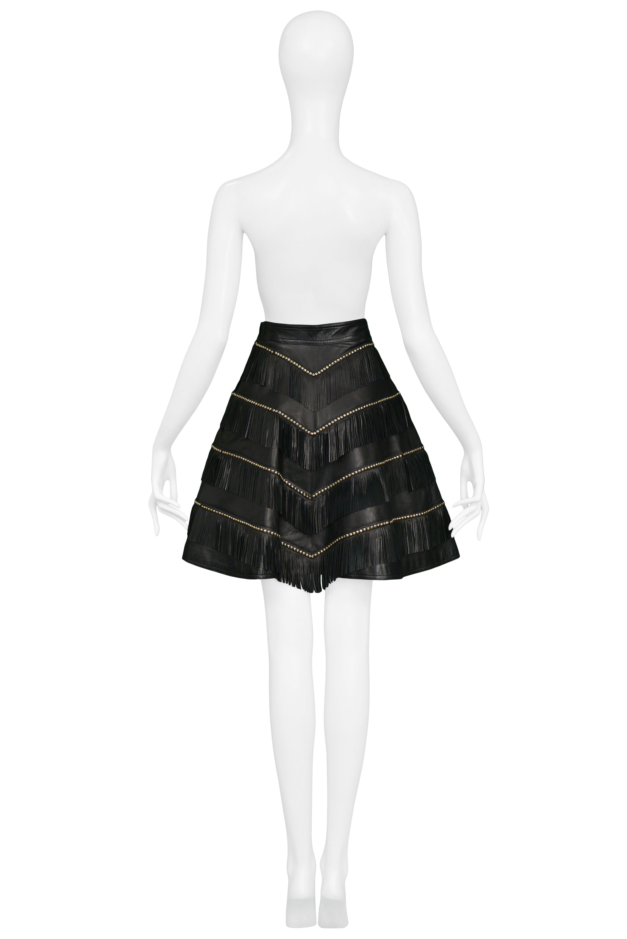 VERSACE BLACK LEATHER FRINGE AND GOLD STUD SKIRT 1992