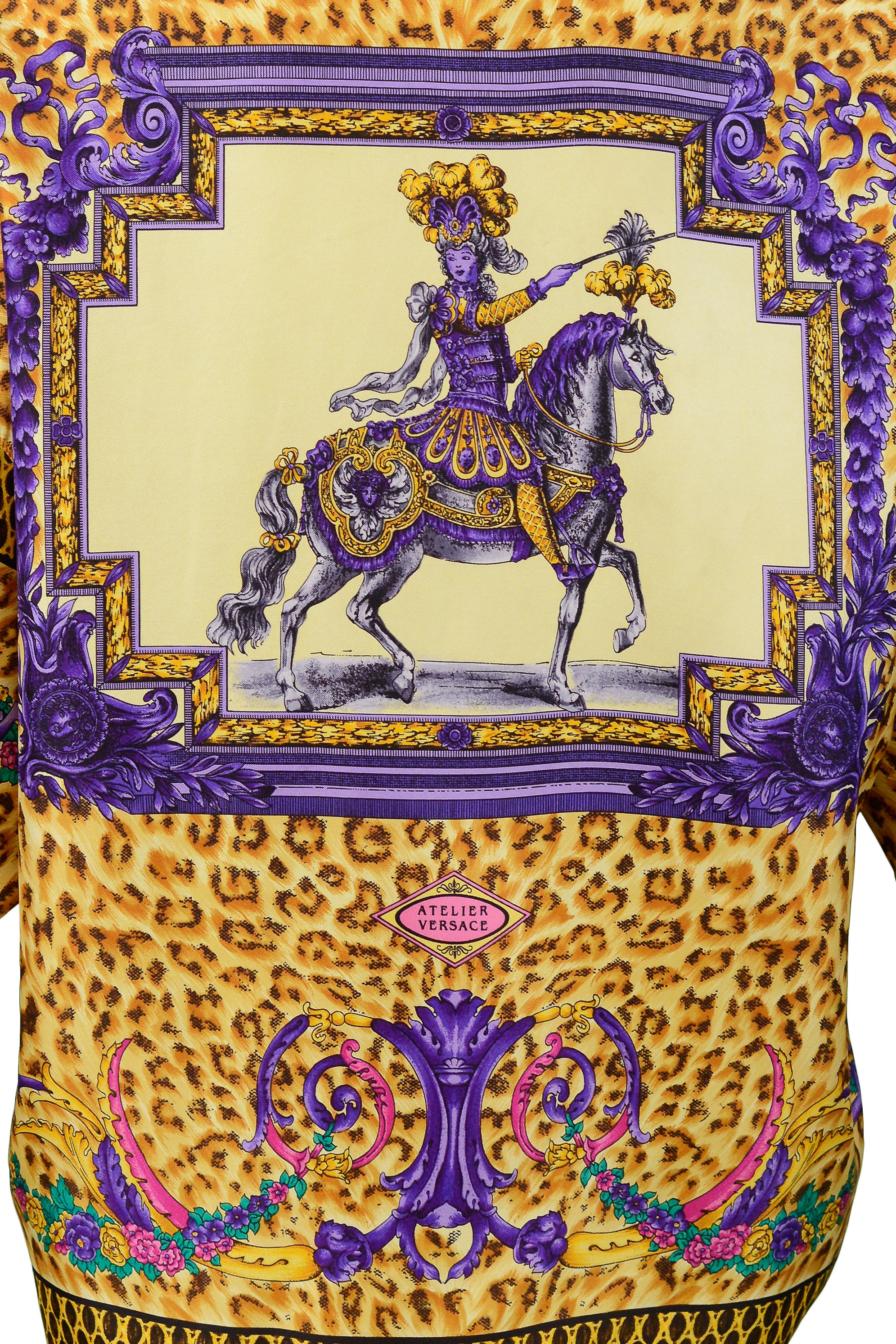 VERSACE BAROQUE EQUESTRIAN RIDER & LEOPARD PRINT SILK BLOUSE