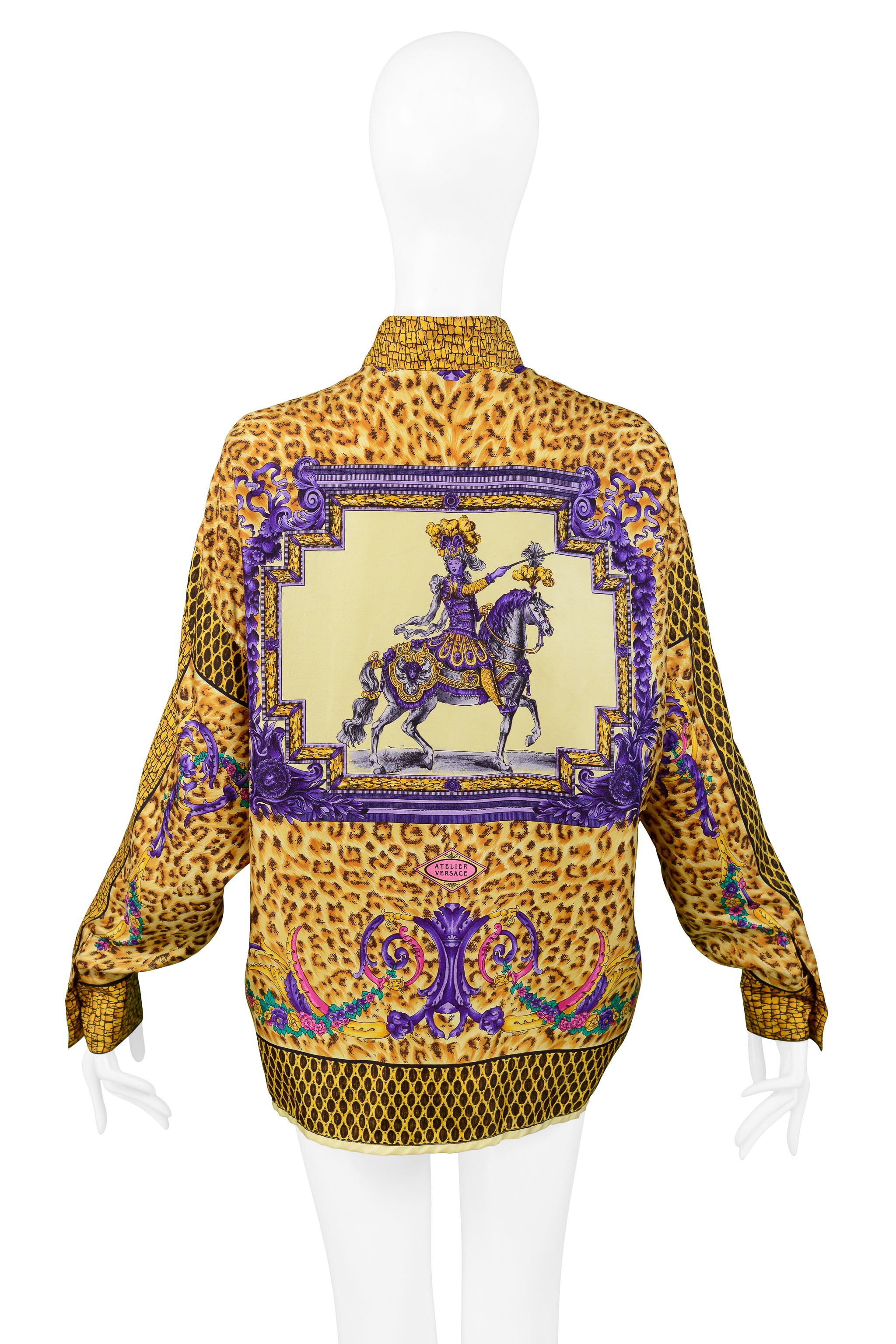 VERSACE BAROQUE EQUESTRIAN RIDER & LEOPARD PRINT SILK BLOUSE
