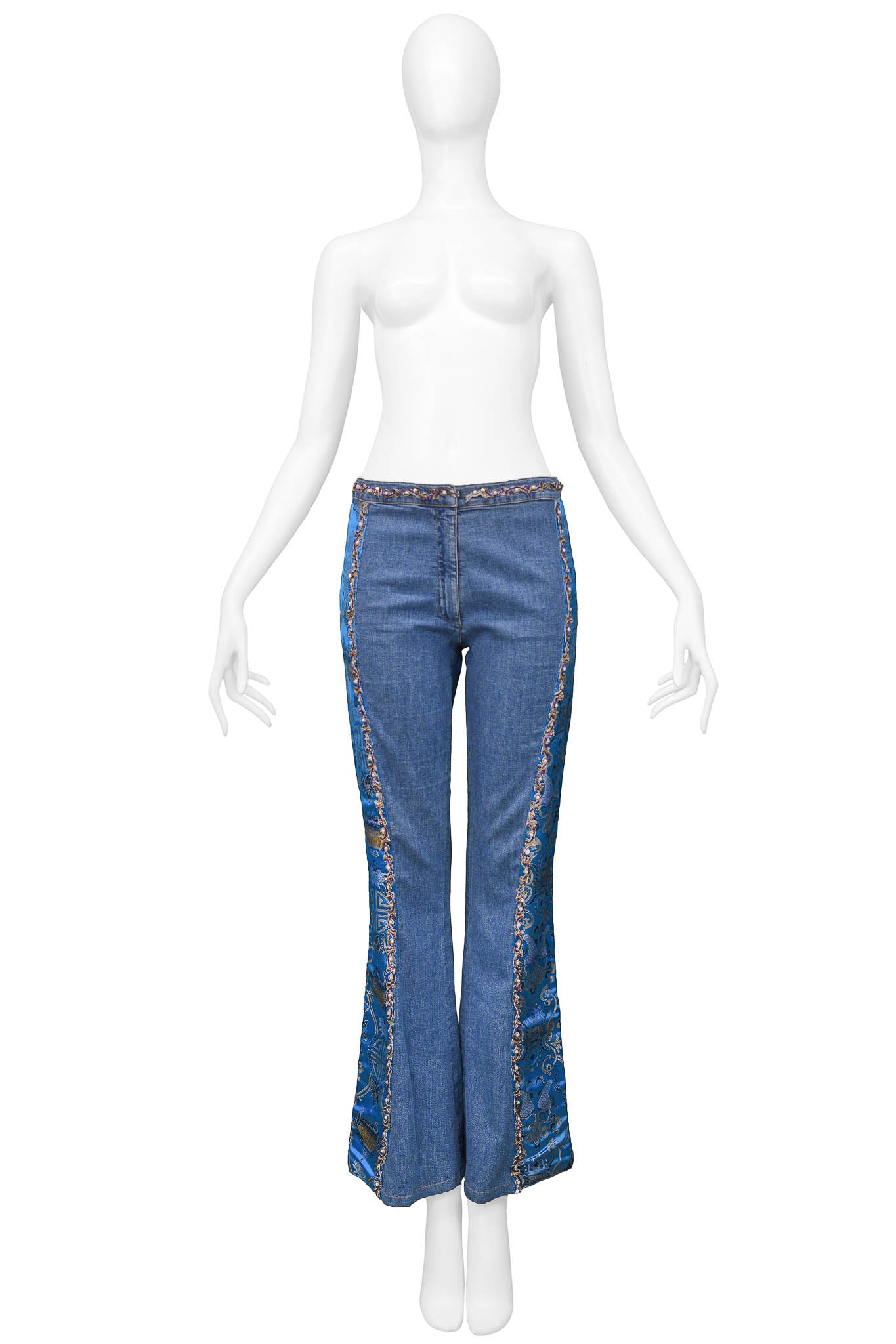 VOYAGE DENIM JEANS WITH CHINESE SILK SATIN BROCADE INSETS