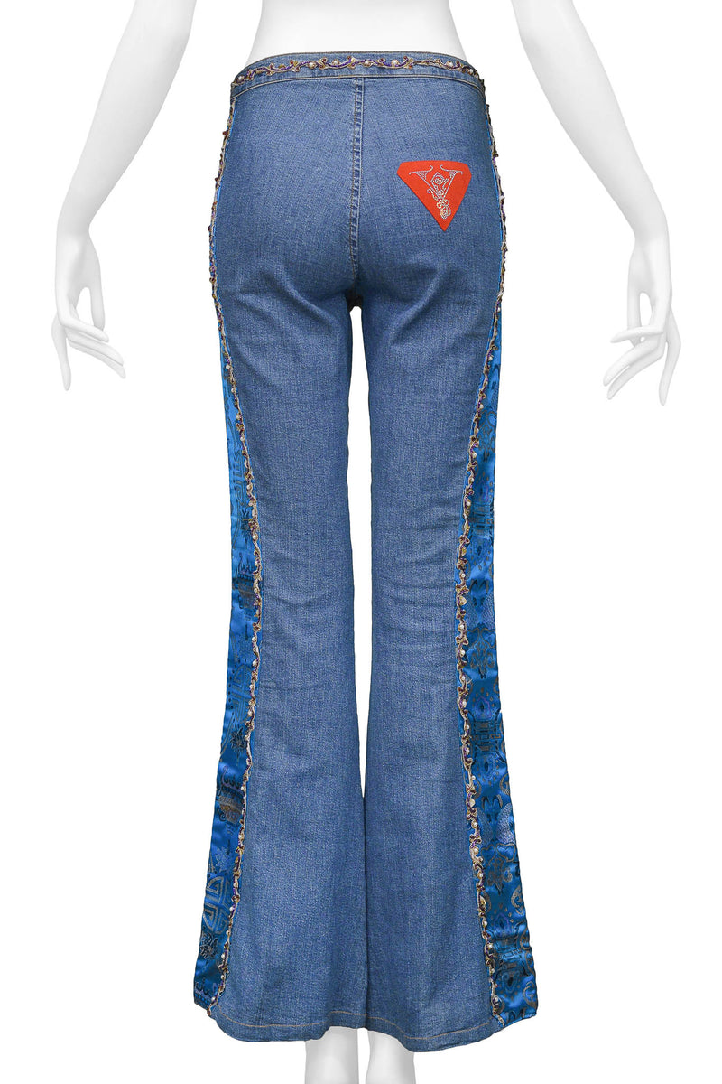 VOYAGE DENIM JEANS WITH CHINESE SILK SATIN BROCADE INSETS
