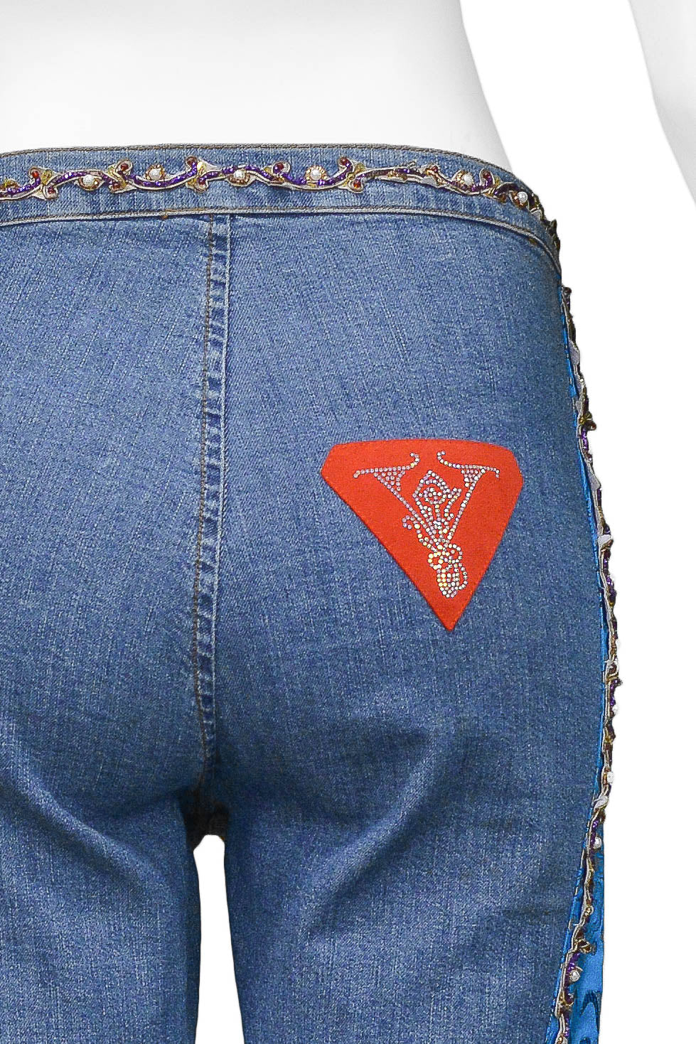 VOYAGE DENIM JEANS WITH CHINESE SILK SATIN BROCADE INSETS