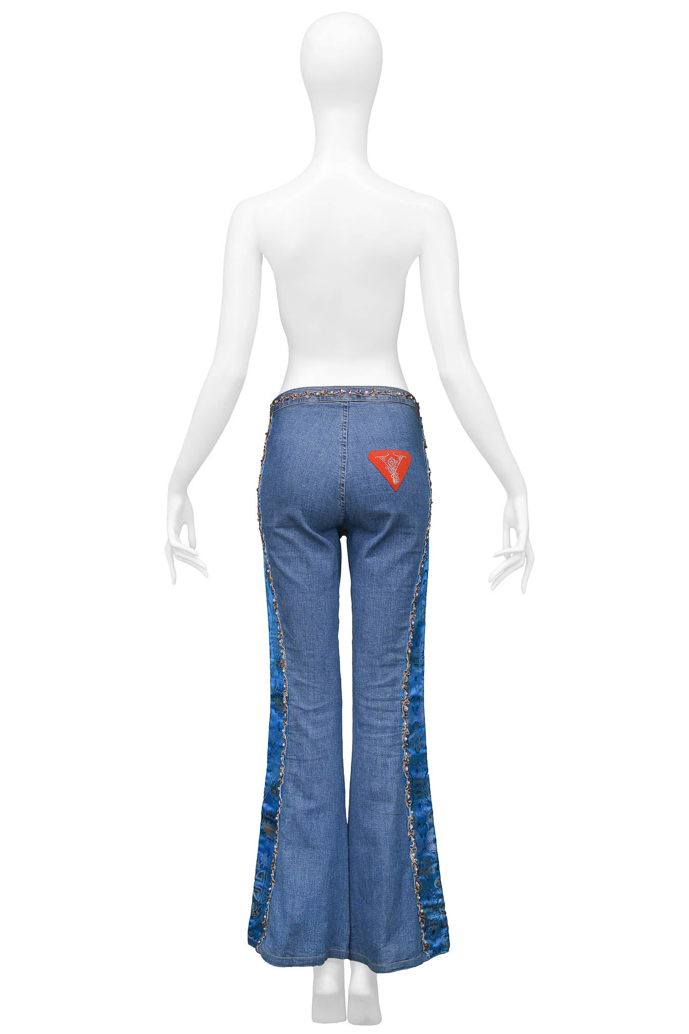 VOYAGE DENIM JEANS WITH CHINESE SILK SATIN BROCADE INSETS