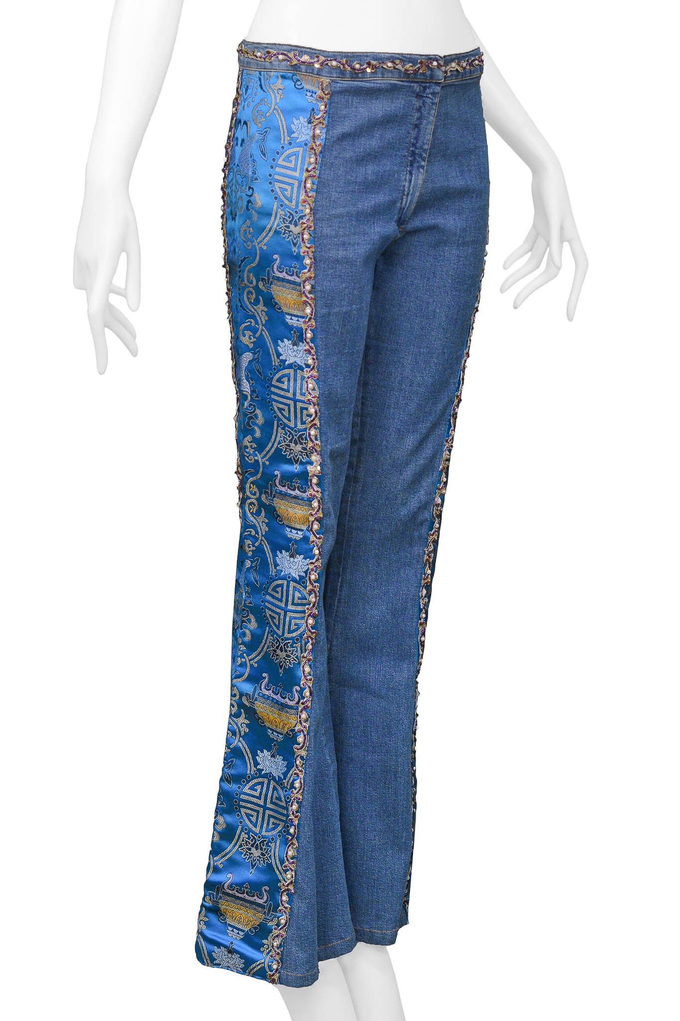 VOYAGE DENIM JEANS WITH CHINESE SILK SATIN BROCADE INSETS