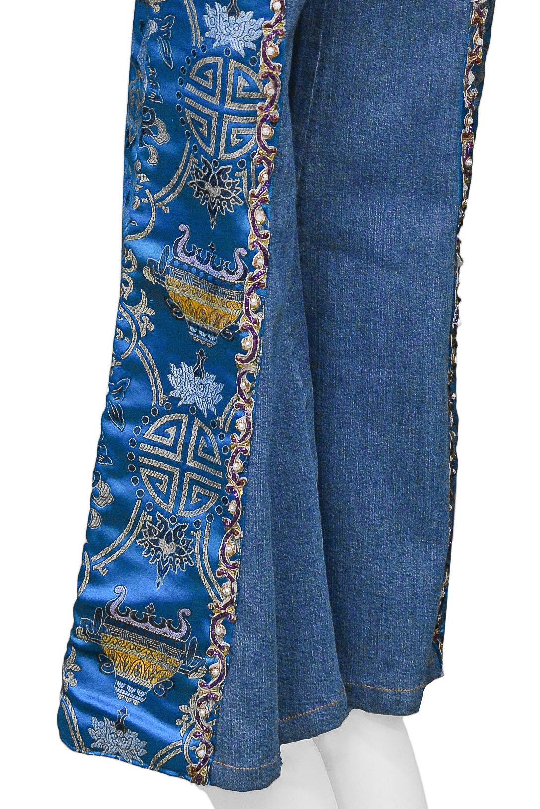 VOYAGE DENIM JEANS WITH CHINESE SILK SATIN BROCADE INSETS