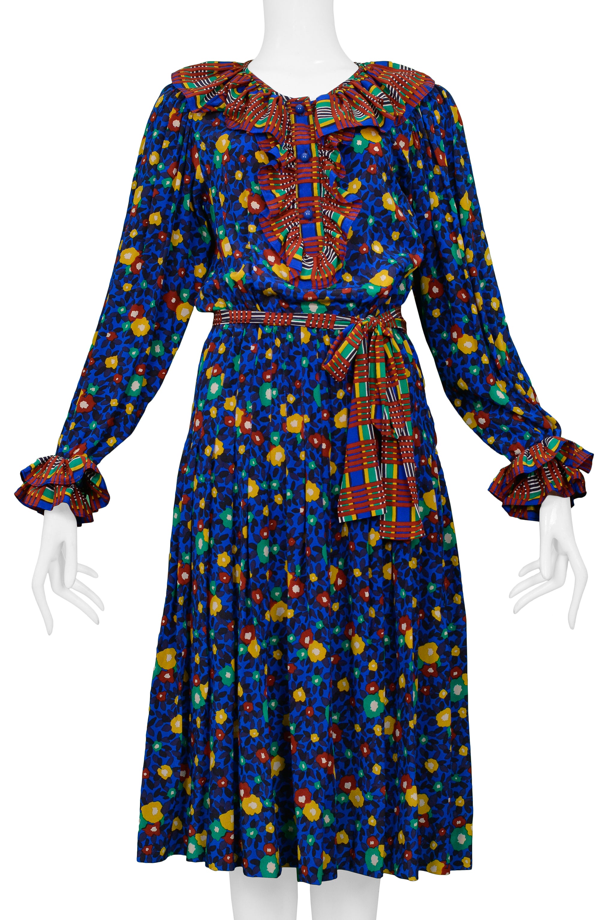 YVES SAINT LAURENT YSL BLUE FLORAL WITH PLAID TRIM DRESS 1980