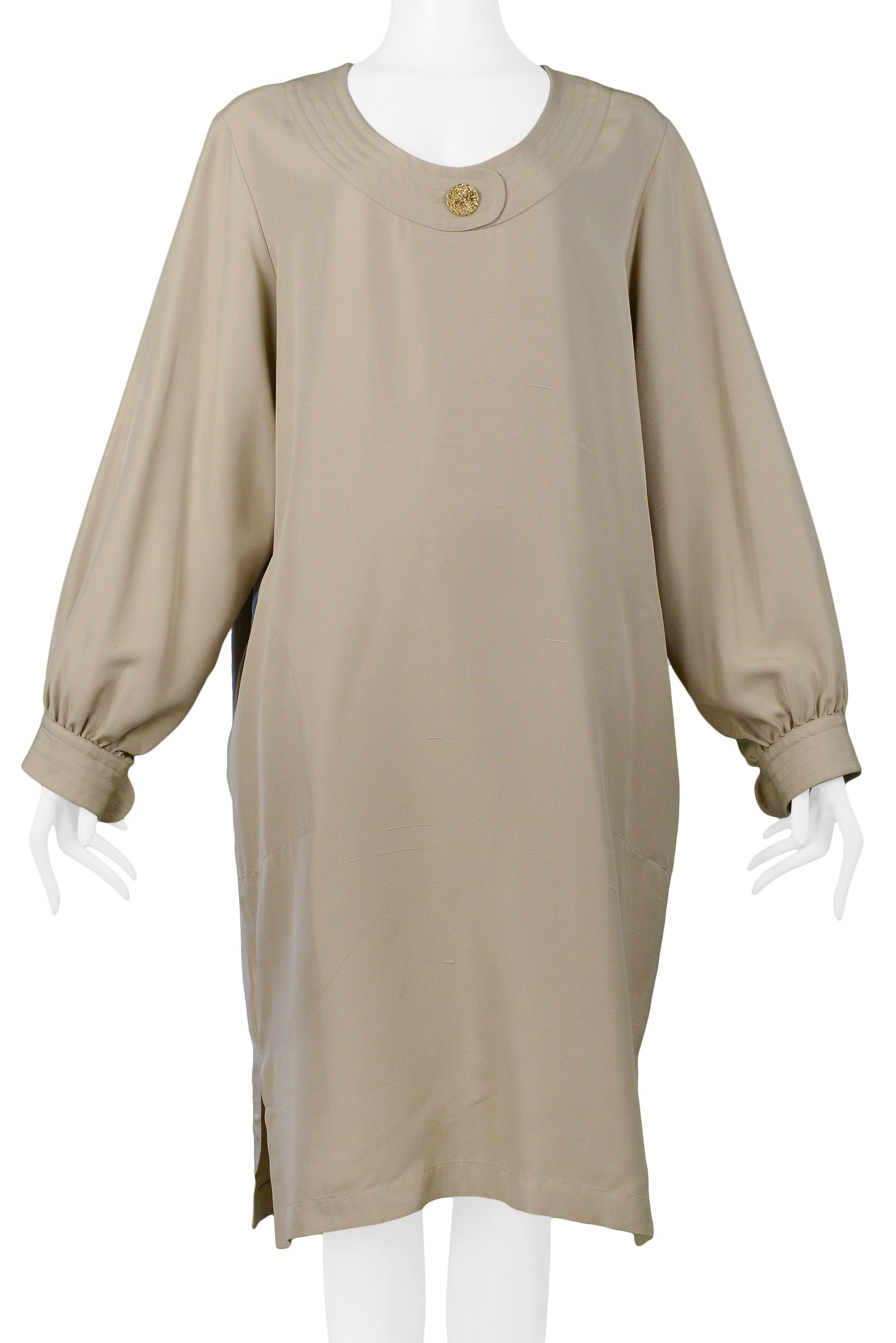 YVES SAINT LAURENT YSL KHAKI SACK DRESS WITH GOLD BUTTONS