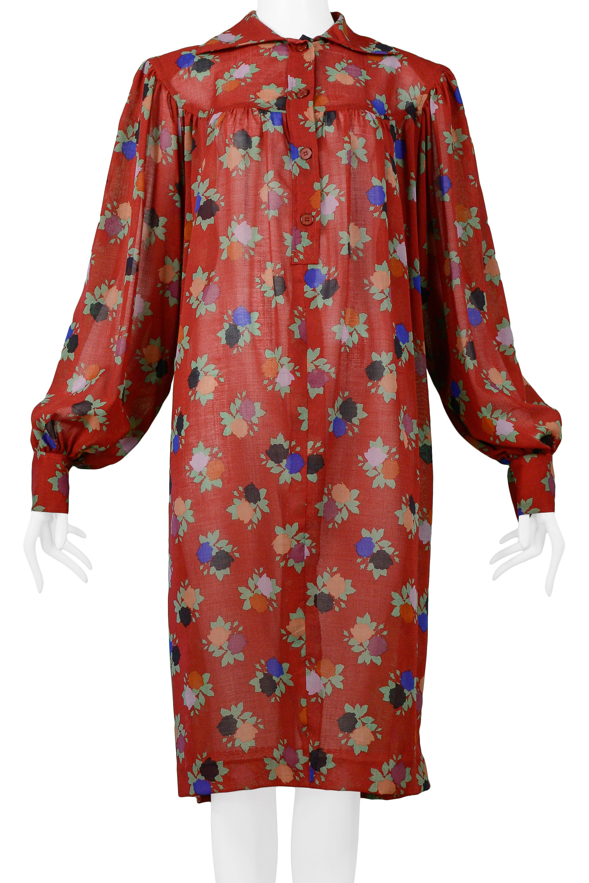 YVES SAINT LAURENT YSL RED FLORAL SMOCK DRESS