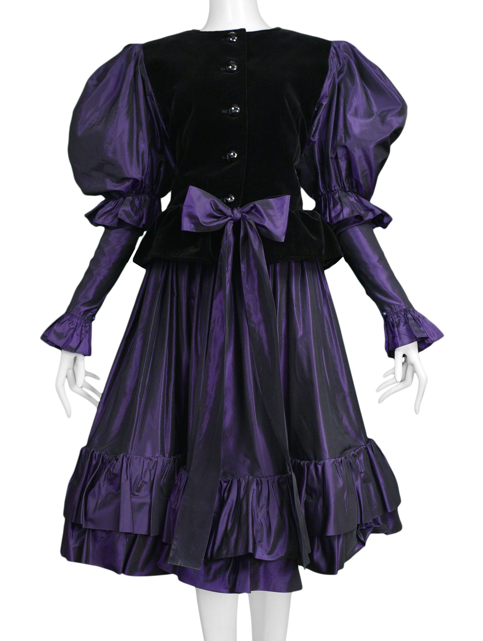 YVES SAINT LAURENT YSL BLACK VELVET & PURPLE TAFFETA ENSEMBLE 1982