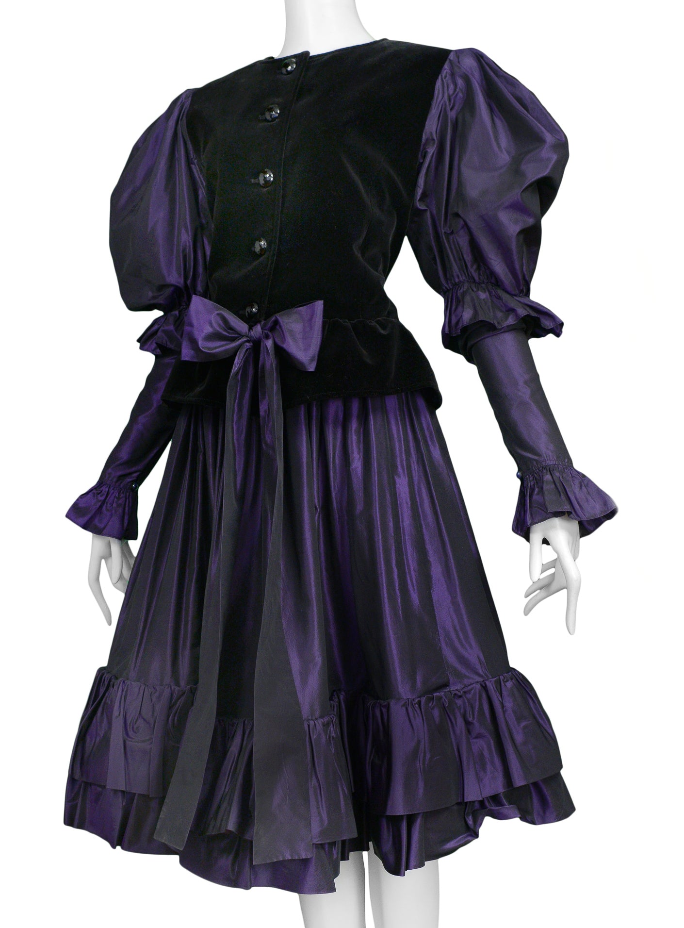 YVES SAINT LAURENT YSL BLACK VELVET & PURPLE TAFFETA ENSEMBLE 1982