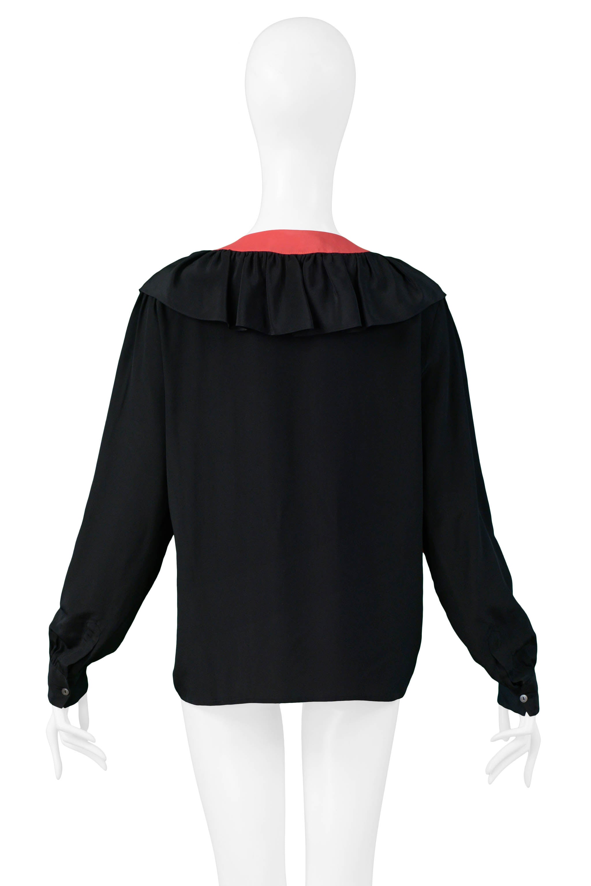YVES SAINT LAURENT YSL BLACK & RED SILK RUFFLE BLOUSE