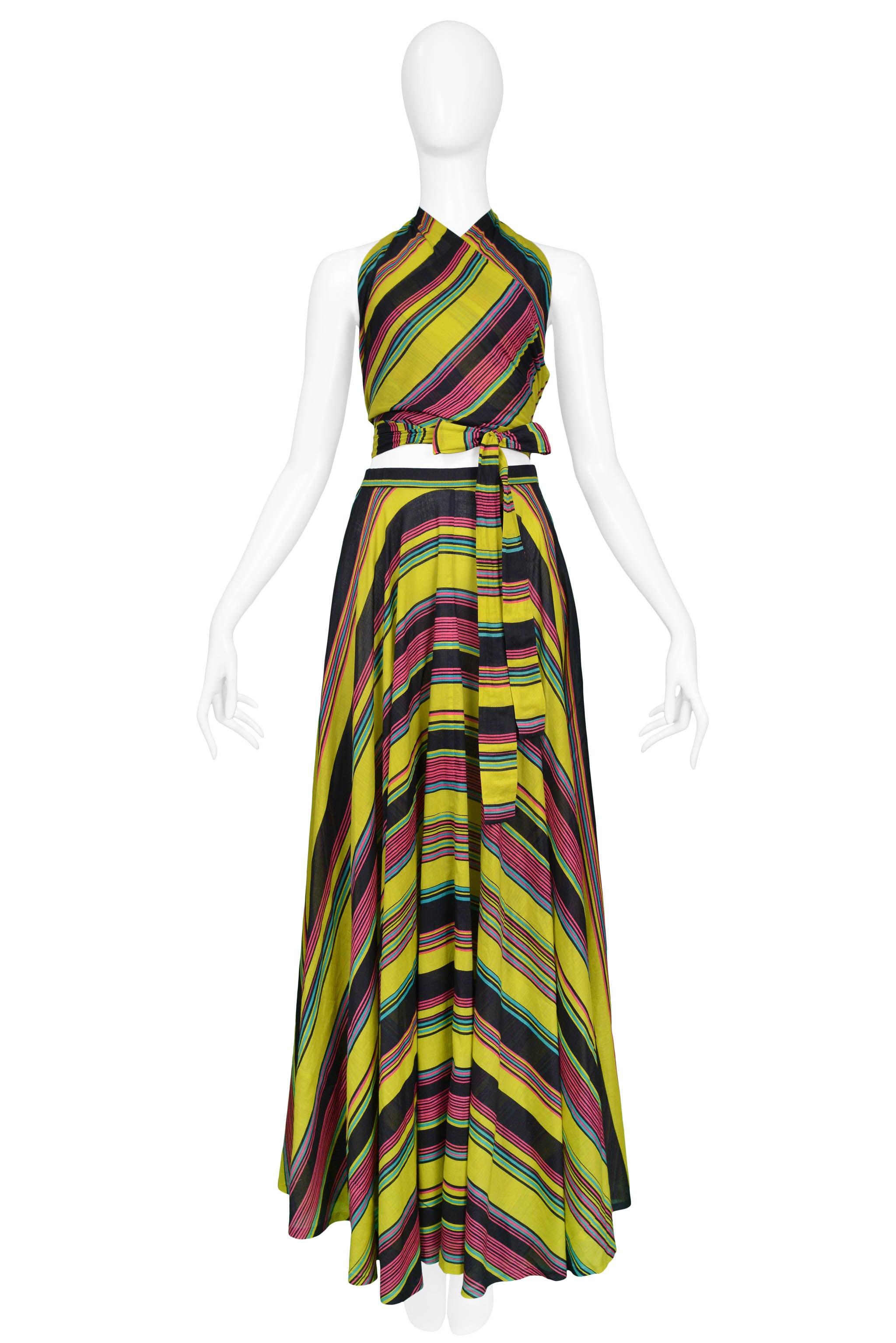 YVES SAINT LAURENT YSL CHARTREUSE STRIPE WRAP ENSEMBLE 1970S