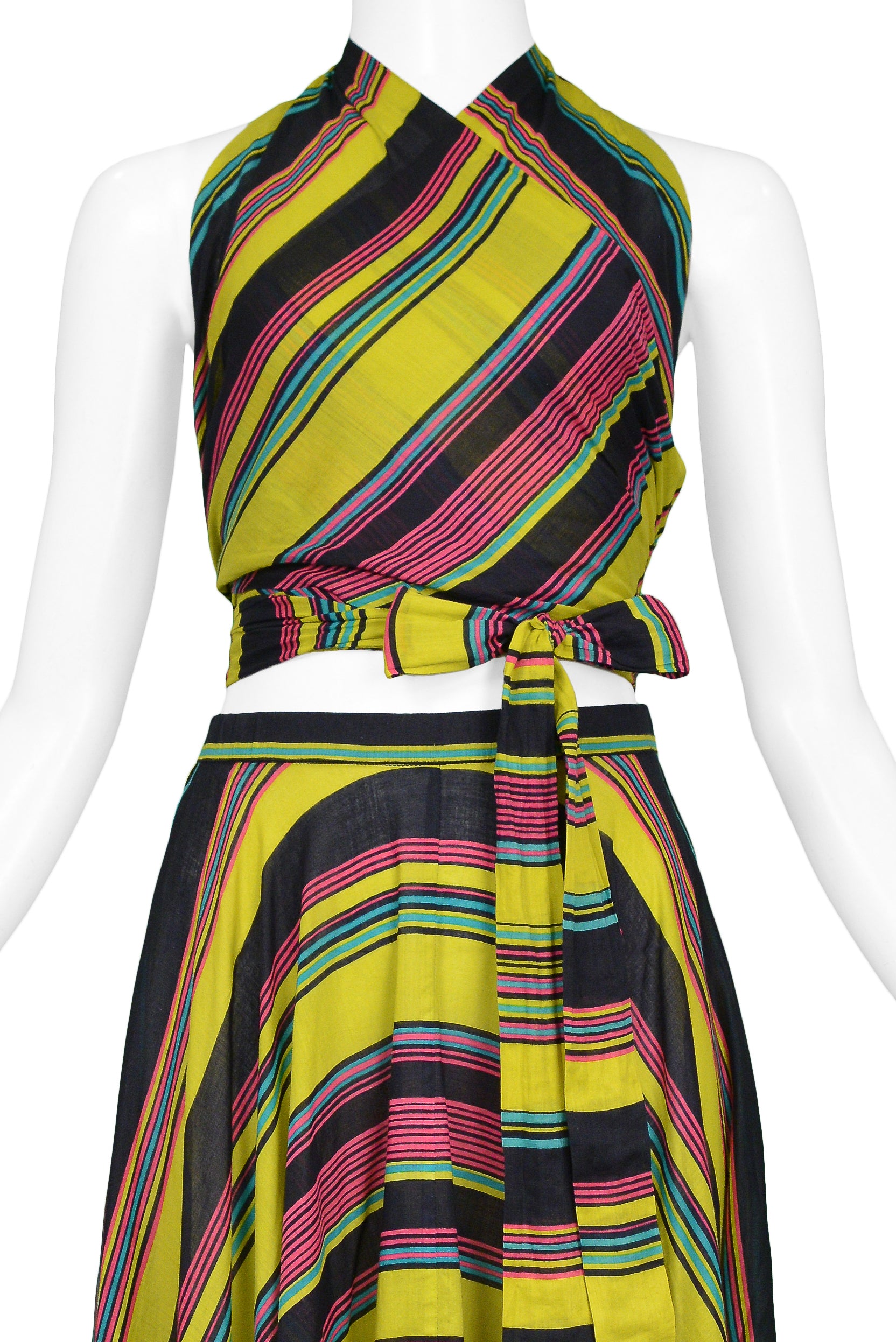YVES SAINT LAURENT YSL CHARTREUSE STRIPE WRAP ENSEMBLE 1970S