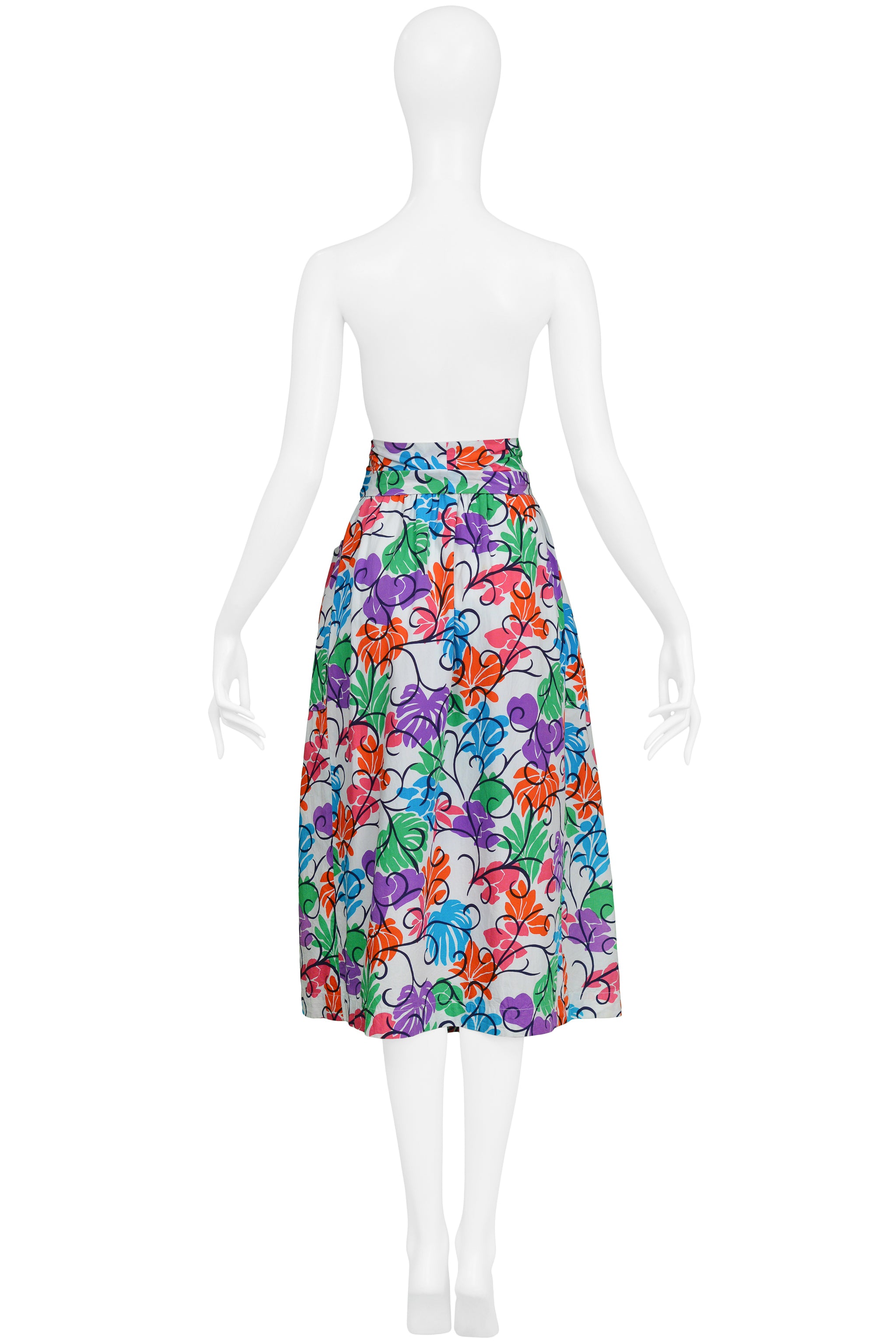 YVES SAINT LAURENT YSL MULTICOLOR FLORAL PRINT COTTON SKIRT