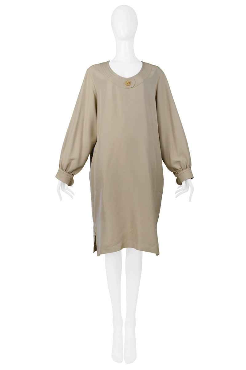 YVES SAINT LAURENT YSL KHAKI SACK DRESS WITH GOLD BUTTONS