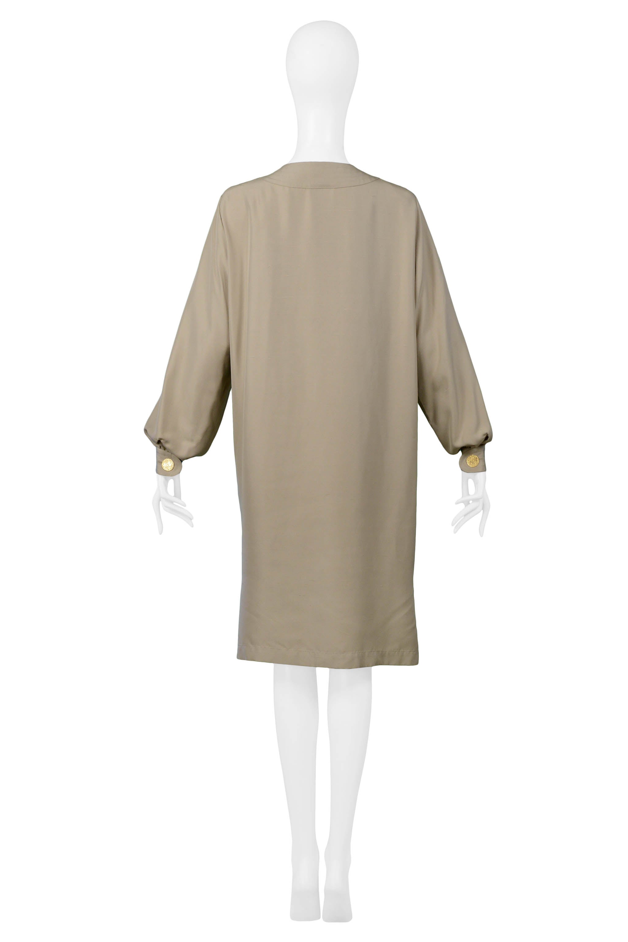 YVES SAINT LAURENT YSL KHAKI SACK DRESS WITH GOLD BUTTONS