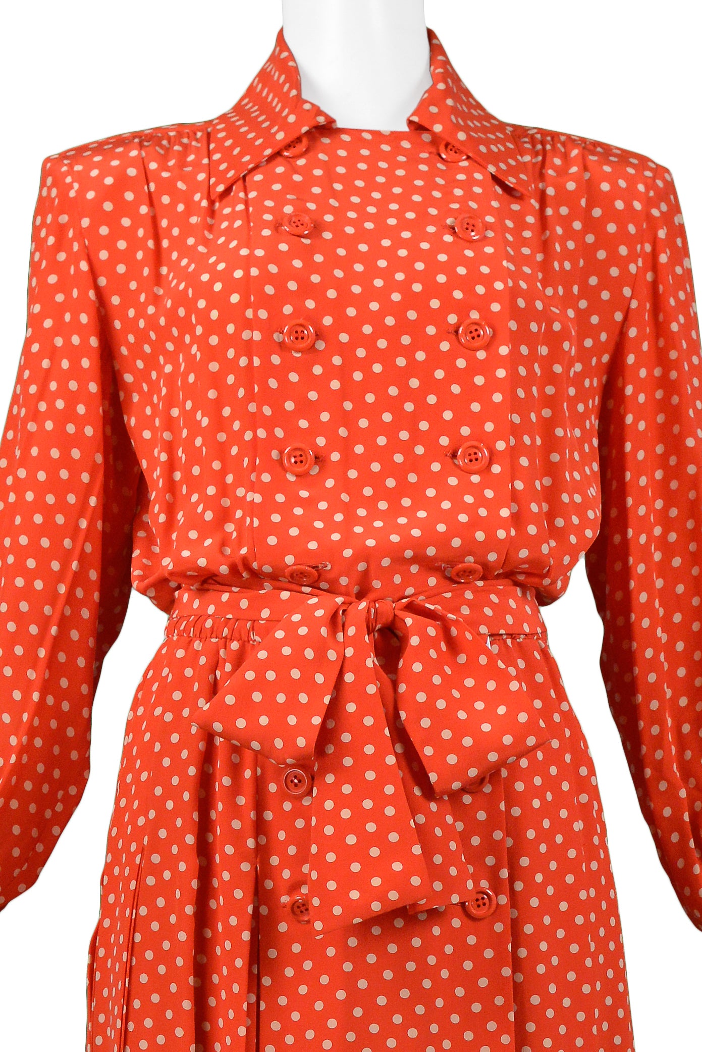 YVES SAINT LAURENT YSL RED & WHITE POLKA DOT SILK DAY DRESS