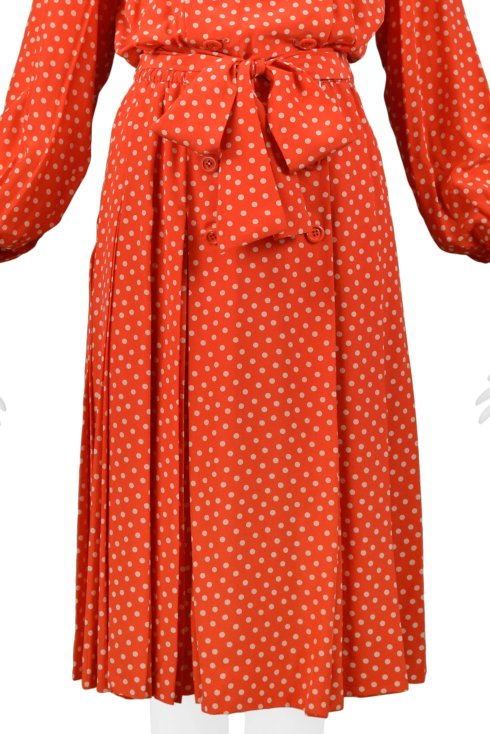 YVES SAINT LAURENT YSL RED & WHITE POLKA DOT SILK DAY DRESS