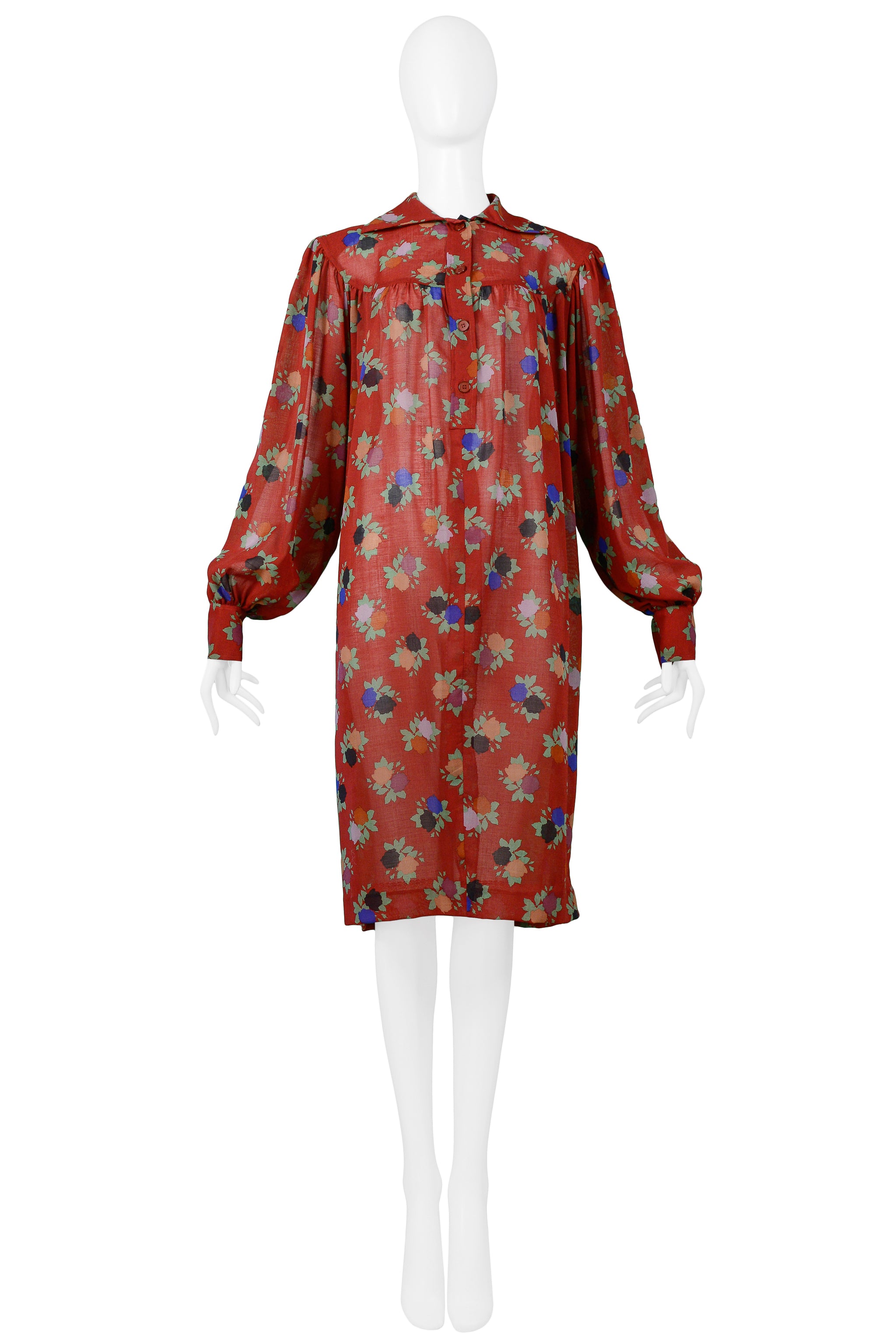 YVES SAINT LAURENT YSL RED FLORAL SMOCK DRESS