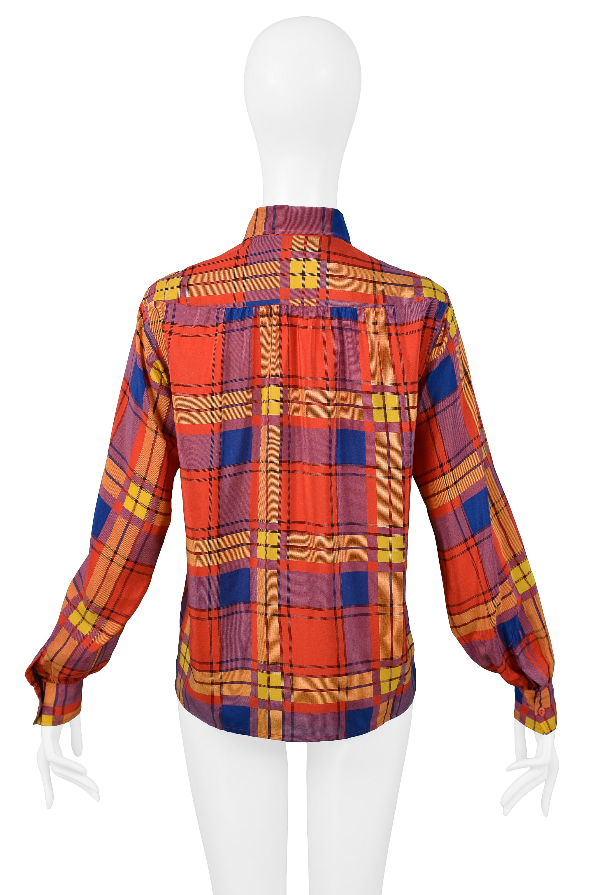 YVES SAINT LAURENT YSL MULTICOLOR PLAID SILK BLOUSE 1980s