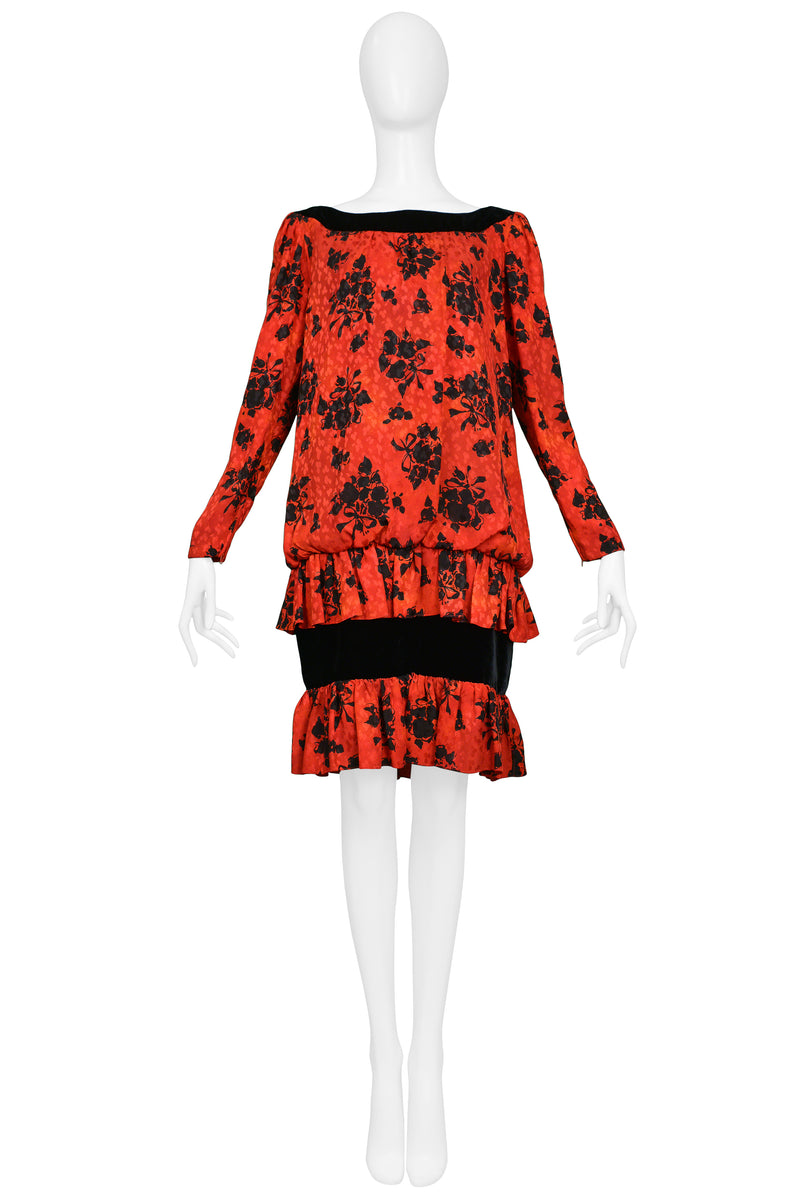 YVES SAINT LAURENT YSL RED & BLACK FLORAL PRINT DROP DRESS 1980s