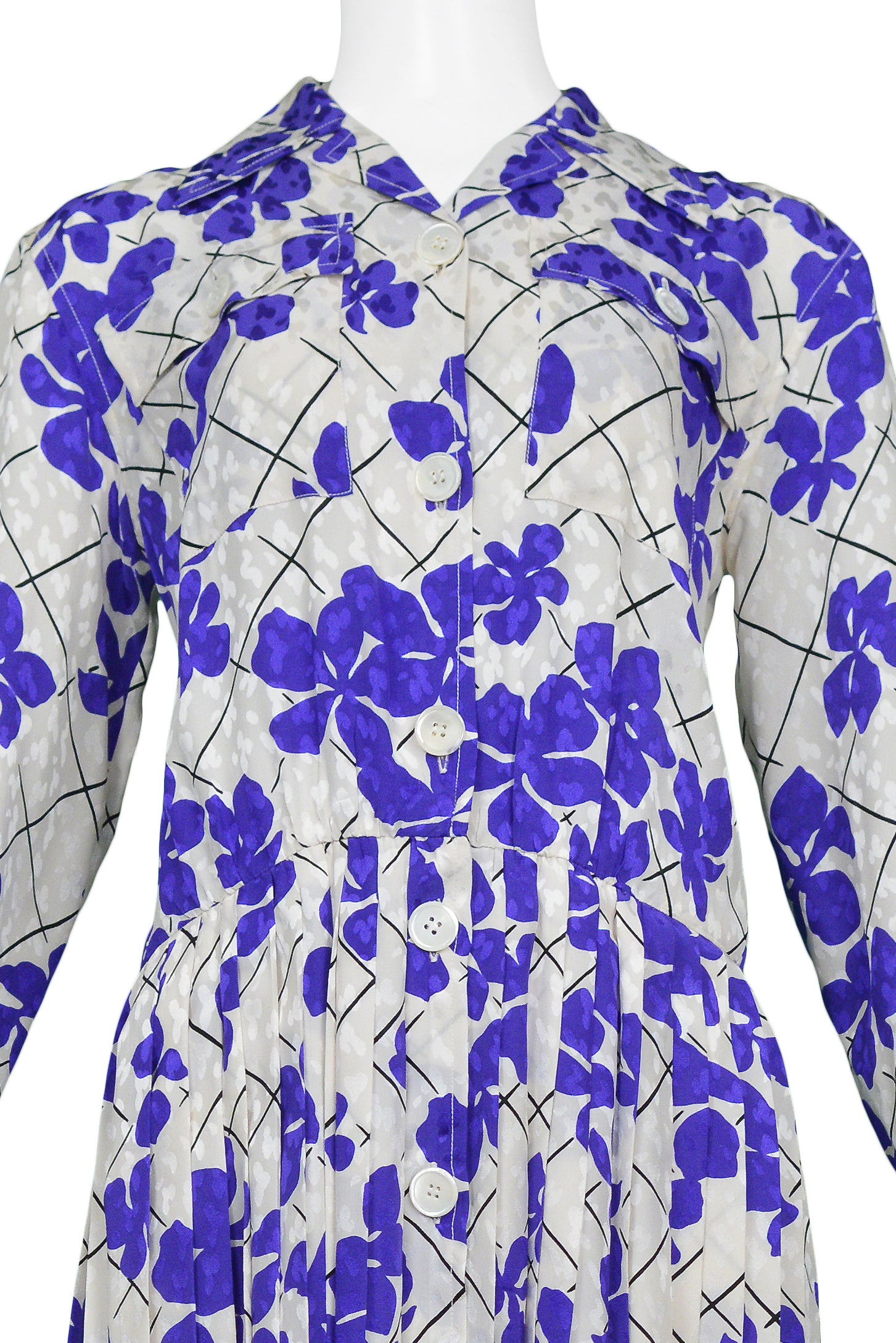 YVES SAINT LAURENT YSL WHITE & PURPLE FLORAL SILK DAY DRESS