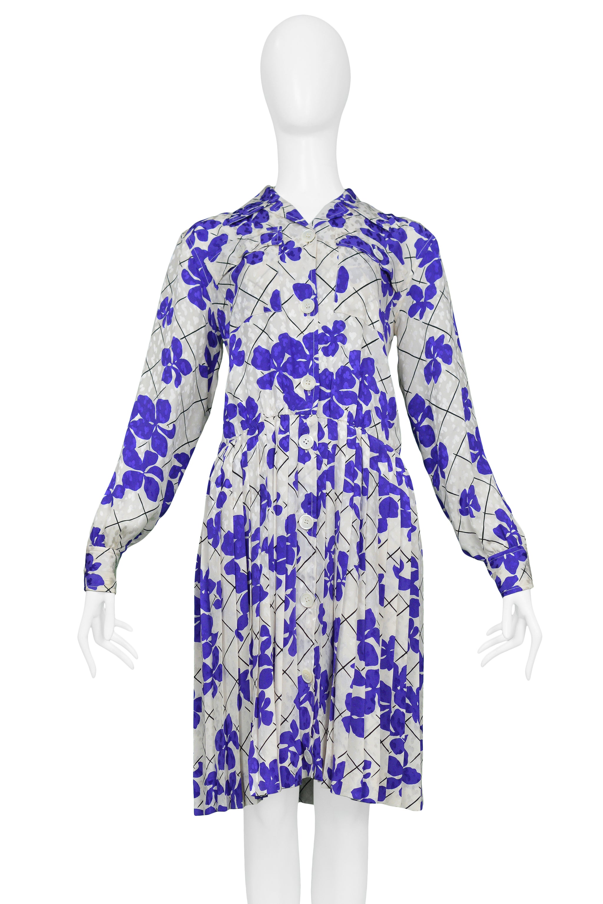 YVES SAINT LAURENT YSL WHITE & PURPLE FLORAL SILK DAY DRESS
