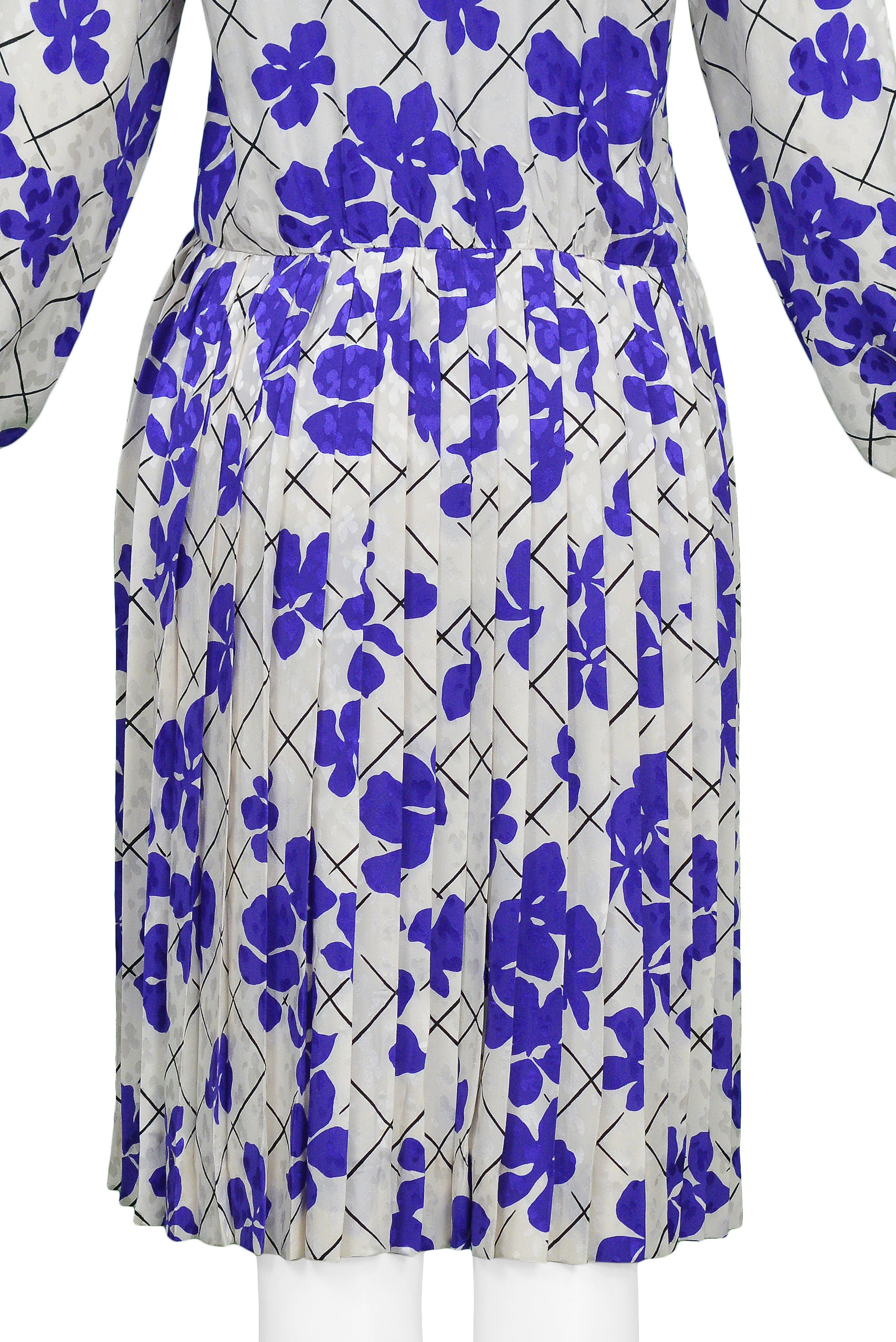 YVES SAINT LAURENT YSL WHITE & PURPLE FLORAL SILK DAY DRESS