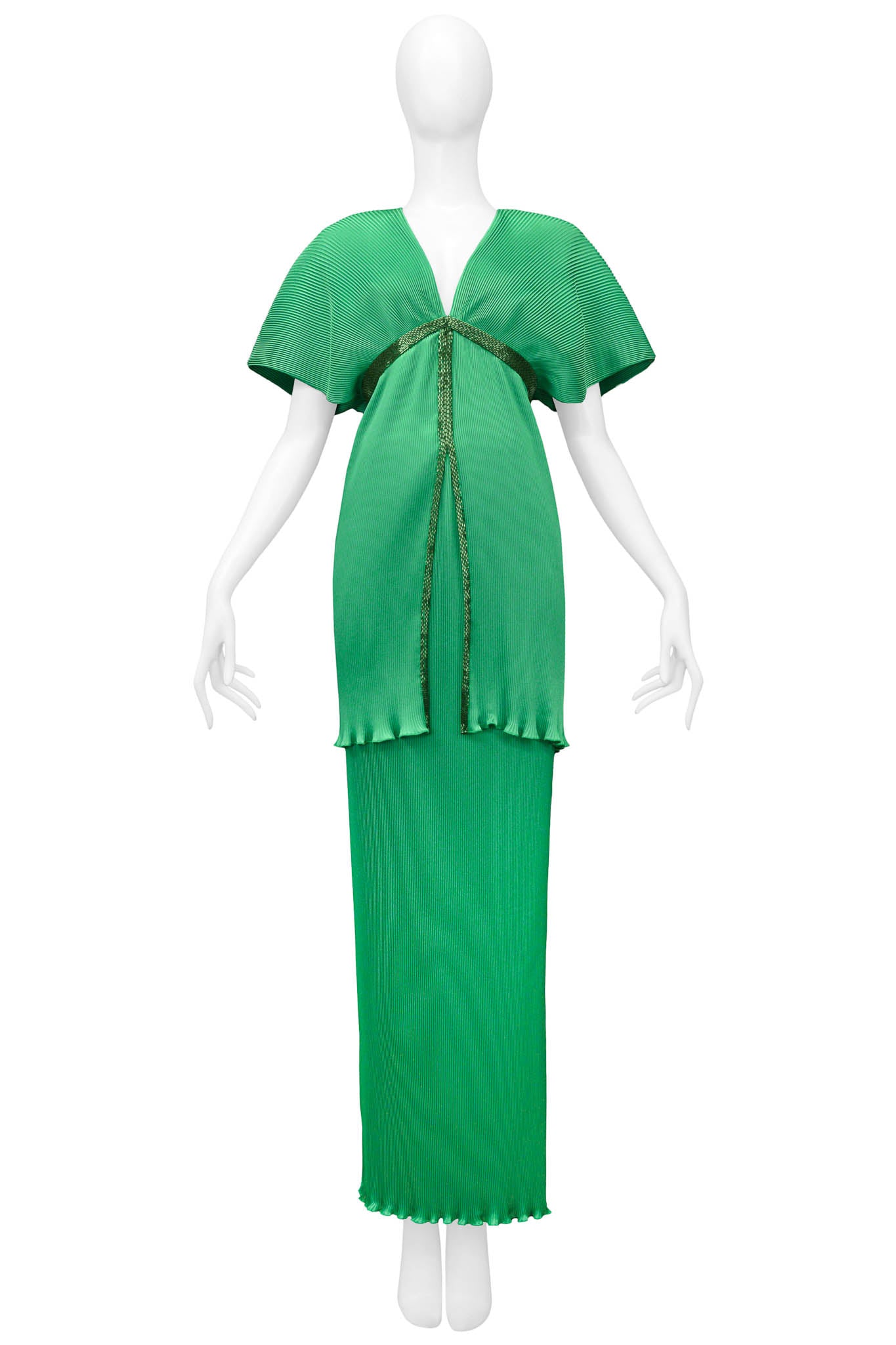 YUKI PLEATED EMERALD GREEN ENSEMBLE WITH BUGLE BEAD TRIM