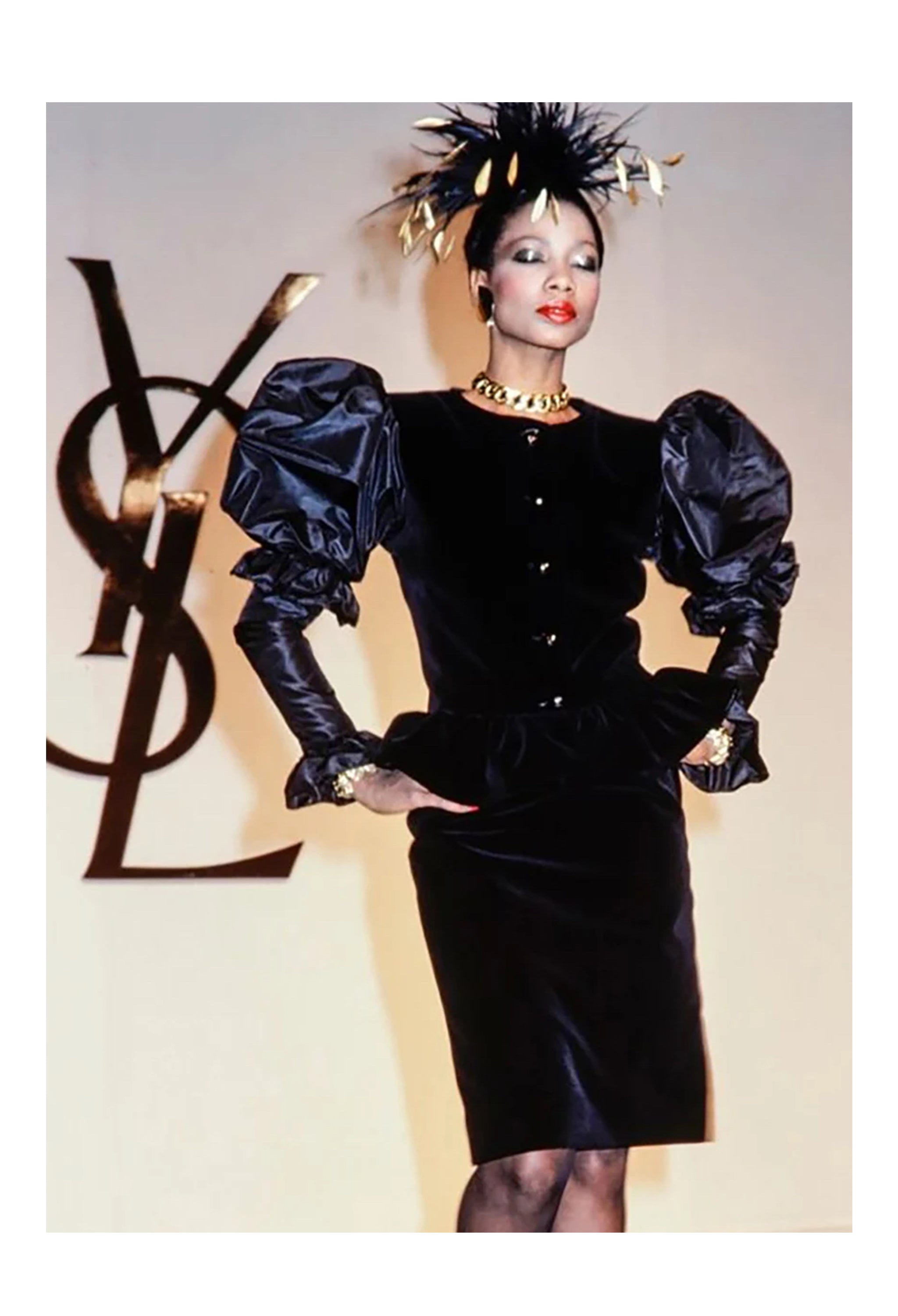 YVES SAINT LAURENT YSL BLACK VELVET & PURPLE TAFFETA ENSEMBLE 1982